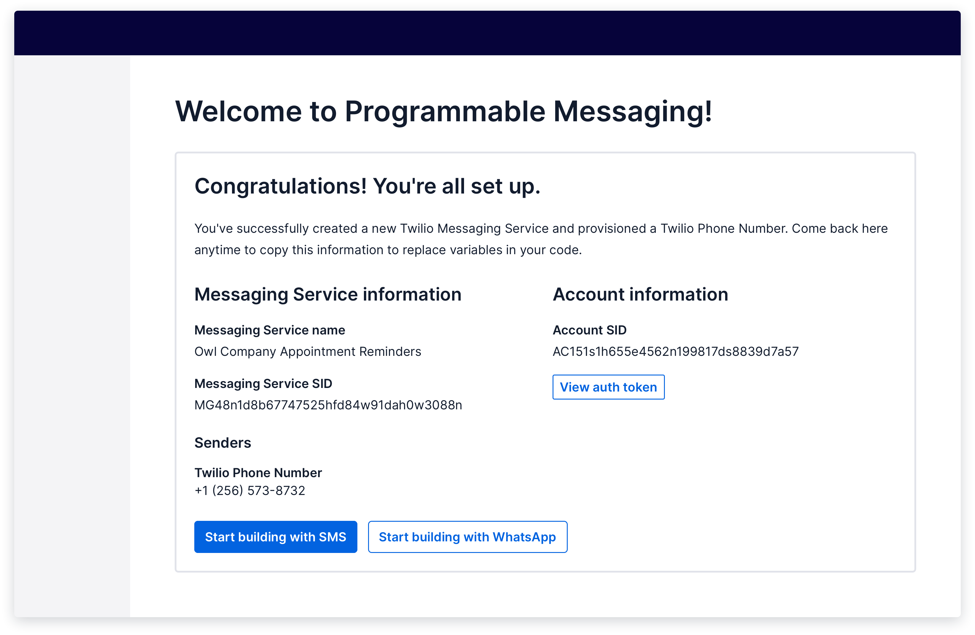 Full-page congratulations message on setting up a Twilio Messaging Service with SIDs to copy