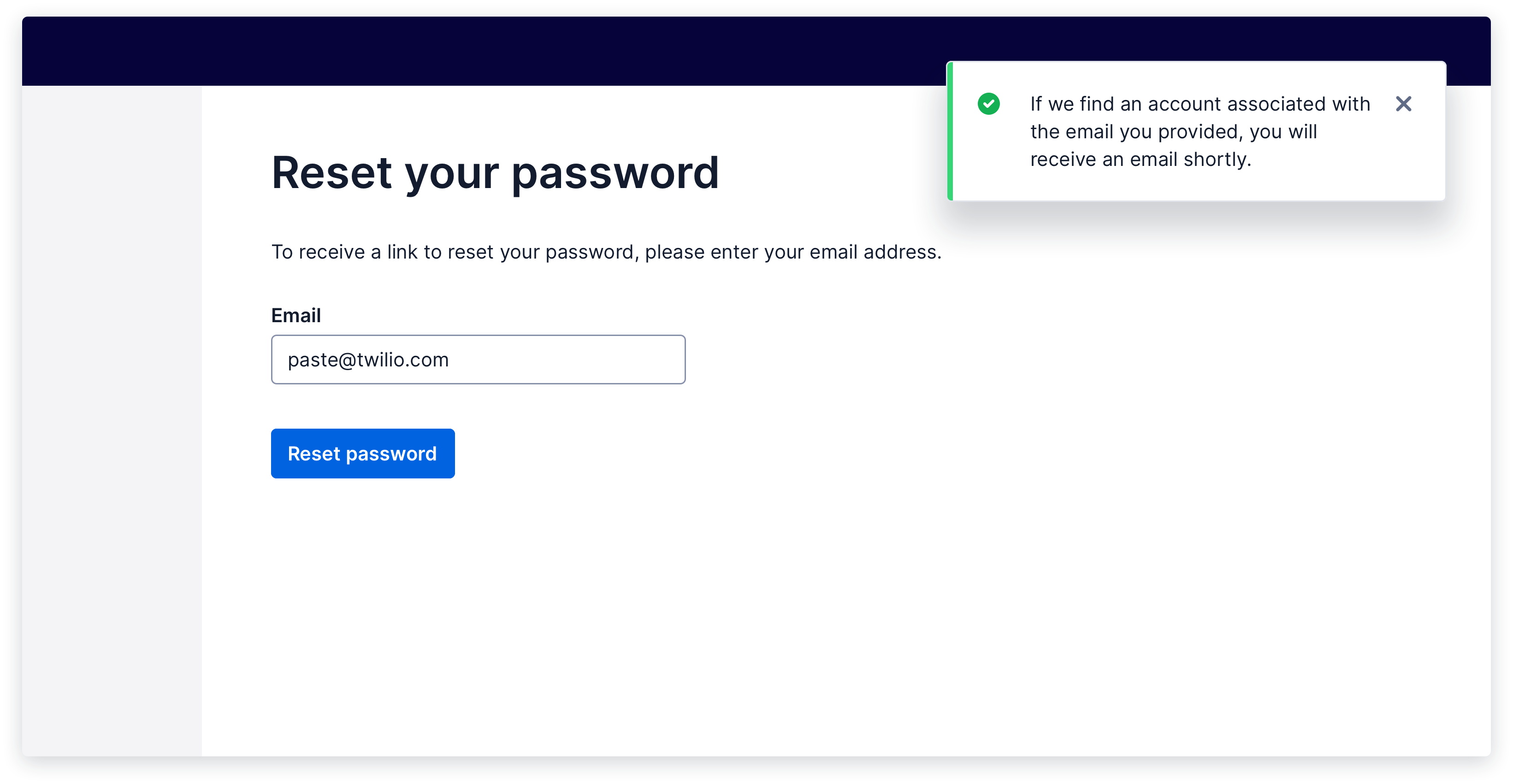 Screen with toast confirming a password reset email has been sent